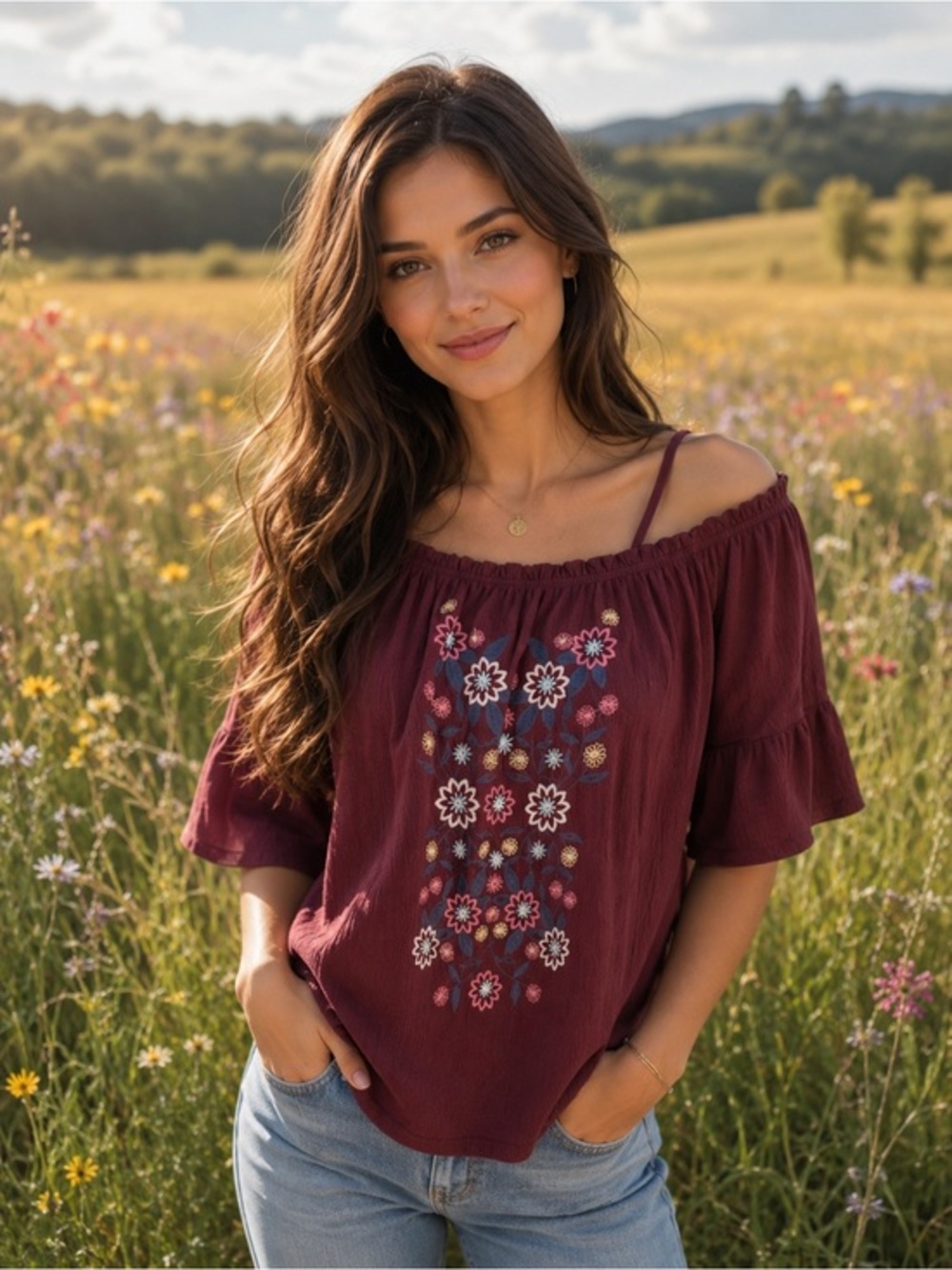 Floral Embroidered boho Off-Shoulder Top
